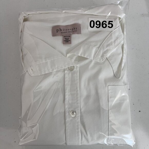 Philosophy Womans 3X White Button Up Blouse Balloon Sleeves Pocket Minimalist - Picture 16 of 16